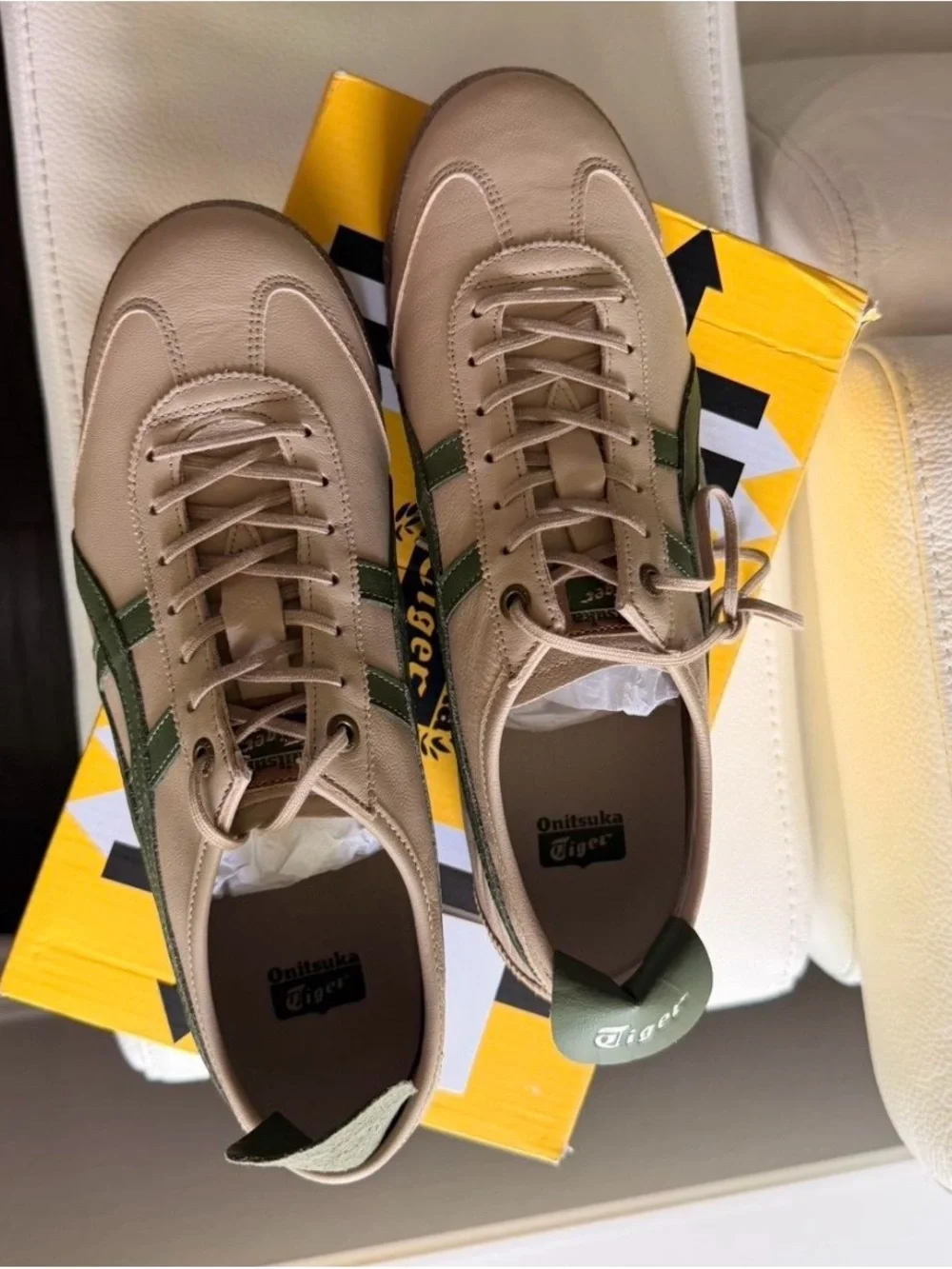 Onitsuka Tiger by Asics Unisex Beige Sneakers with Green Stripes